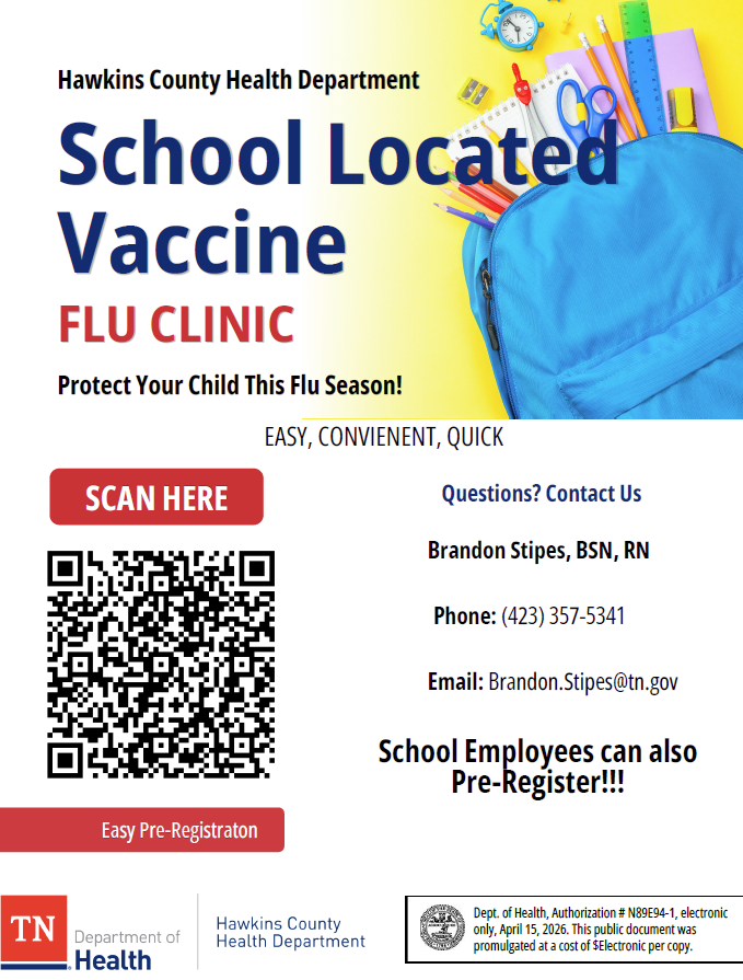 Bright colors with a school bag in the background. "School Located Vaccine FLU CLINIC" is at the top. Contact info and QR code are below.