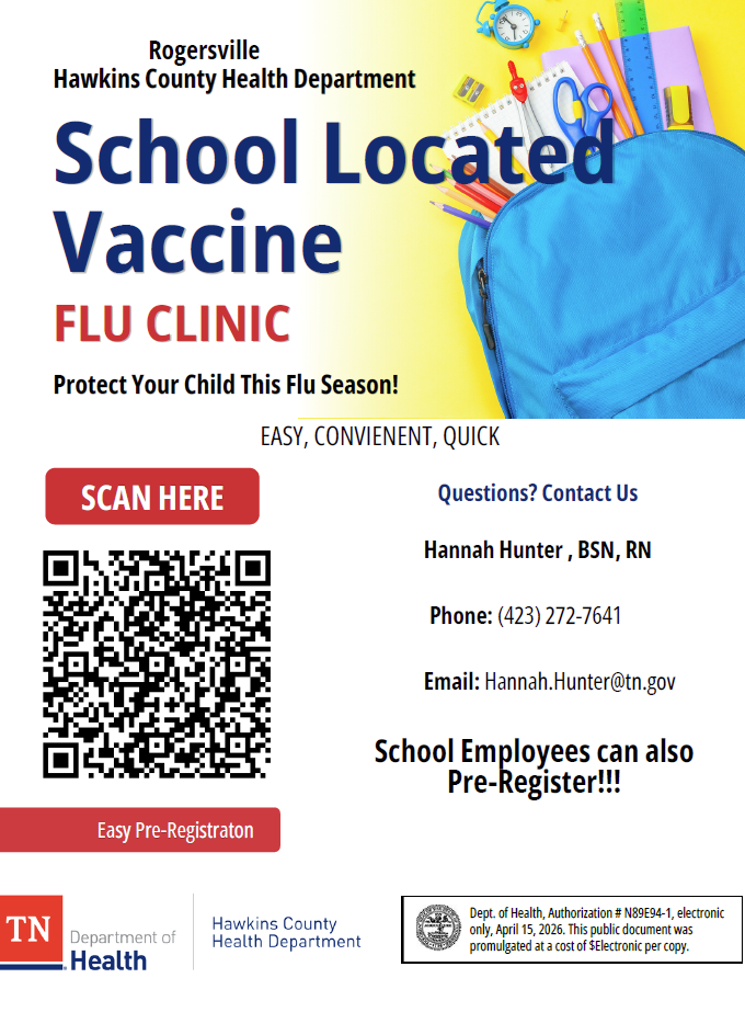 Advertisement for School Located Vaccine Flu Clinic. Features a backpack, a QR code, and contact information for Hannah Hunter, BSN, RN.