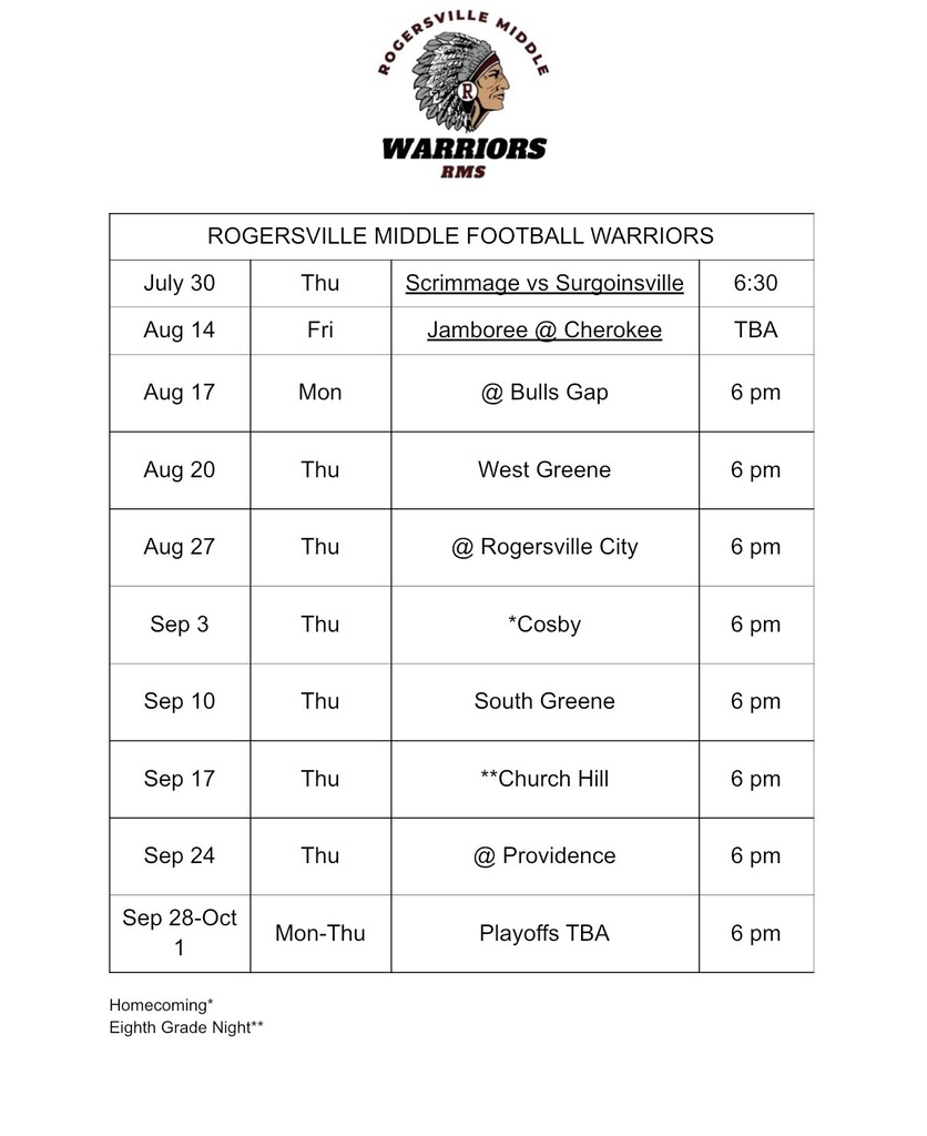 Schedule for Rogersville Middle School Warriors football games, including dates, opponents, and times, with homecoming on September 28.