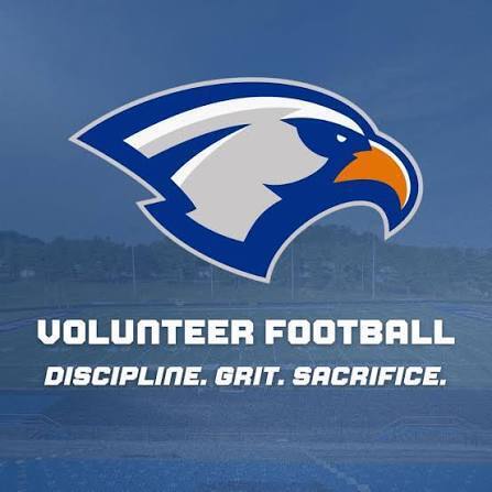 A blue and white eagle logo for volunteer football, with "Volunteer Football Discipline. Grit. Sacrifice." on a blue background.
