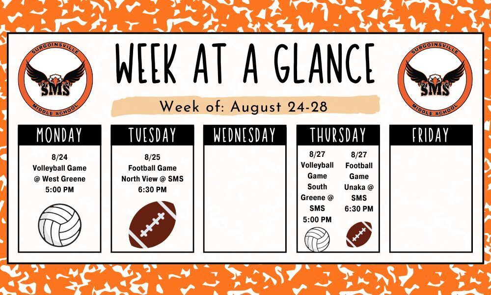 A weekly schedule poster has a header "Week at a Glance". Five days are listed: Monday, Tuesday, Wednesday, Thursday, and Friday.