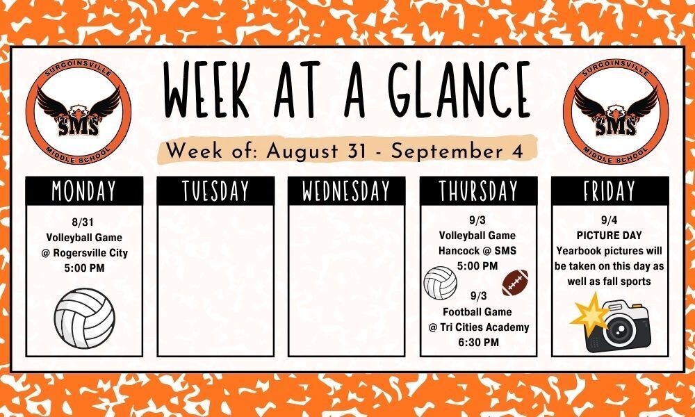 A weekly schedule on orange background with white borders shows dates August 31 - September 4. Each day has sports events and times.