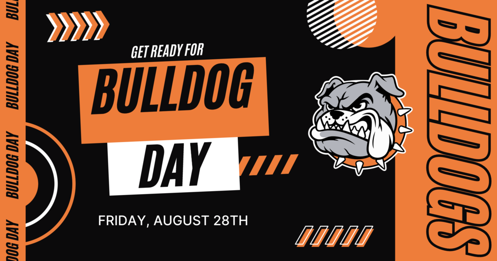 An event poster for Bulldog Day, featuring a bulldog logo and text against an orange and black background.