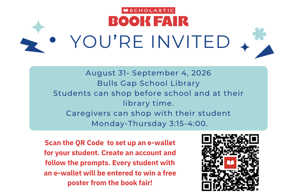 White page with blue text inviting to a book fair. It says 'You're Invited' and lists dates. Includes a QR code.
