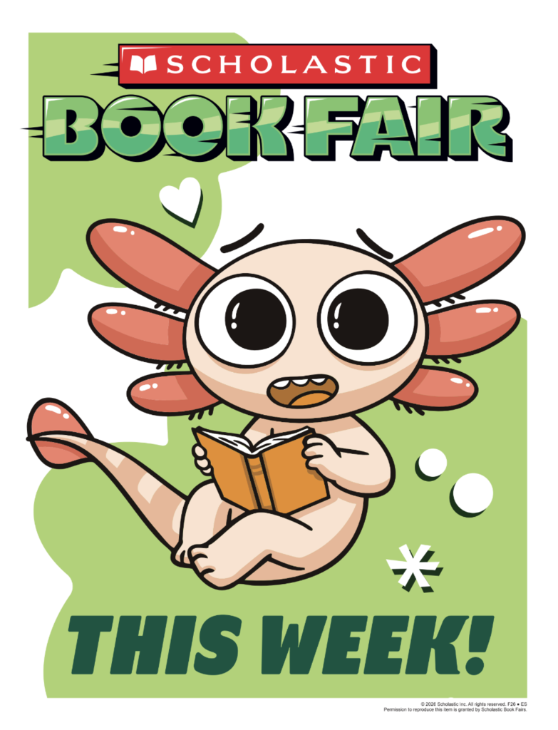 A pink creature with large eyes holds an orange book in its hands. The words "Scholastic Book Fair" and "This Week!" appear.