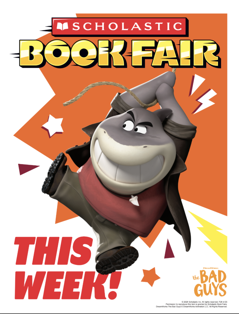 Advertisement poster with a cartoon shark character holding a rope. Orange background with stars and lightning. Text reads "Scholastic Book Fair" and "This Week!"