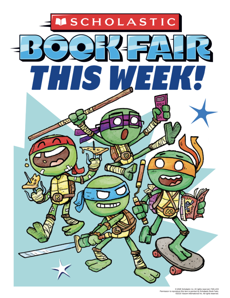 Book cover with four cartoon turtles. Titles "Scholastic Book Fair This Week!" and star icons on blue background.