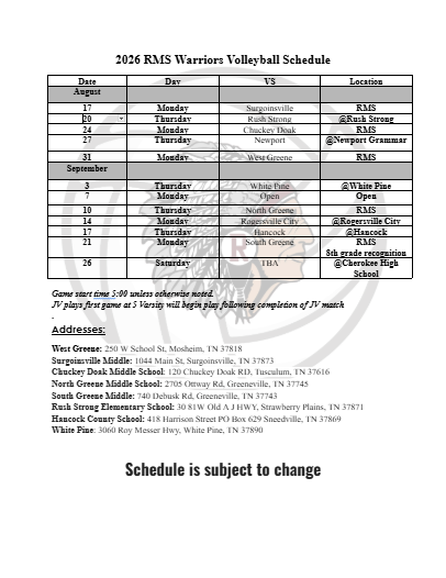 2026 RMS Warriors Volleyball Schedule Date Day  VS  Location August       17 Monday  Surgoinsville  RMS 20 Thursday  Rush Strong  @Rush Strong  24 Monday Chuckey Doak RMS  27  Thursday  Newport  @Newport Grammar  31 Monday  West Greene  RMS  September       3 Thursday  White Pine  @White Pine  7 Monday  Open  Open 10 Thursday  North Greene  RMS 14 Monday Rogersville City  @Rogersville City 17 Thursday Hancock @Hancock 21  Monday South Greene  RMS  8th grade recognition 26 Saturday  TBA @Cherokee High School   Game start time 5:00 unless otherwise noted. JV plays first game at 5 Varsity will begin play following completion of JV match .  Addresses: West Greene: 250 W School St, Mosheim, TN 37818 Surgoinsville Middle: 1044 Main St, Surgoinsville, TN 37873 Chuckey Doak Middle School: 120 Chuckey Doak RD, Tusculum, TN 37616 North Greene Middle School: 2705 Ottway Rd, Greeneville, TN 37745 South Greene Middle: 740 Debusk Rd, Greeneville, TN 37743 Rush Strong Elementary School: 30 81W Old A J HWY, Strawberry Plains, TN 37871 Hancock County School: 418 Harrison Street PO Box 629 Sneedville, TN 37869 White Pine: 3060 Roy Messer Hwy, White Pine, TN 37890   Schedule is subject to change 