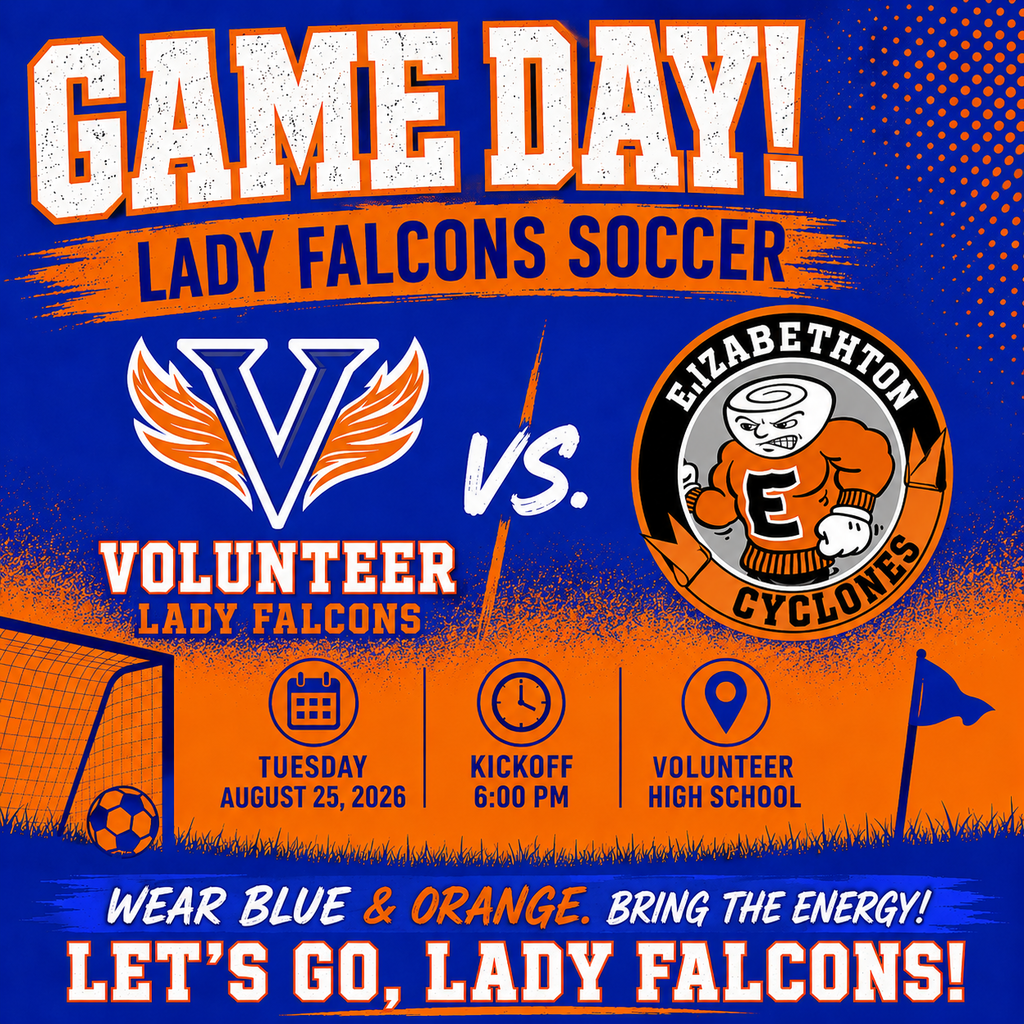 Blue poster promoting a soccer game with "Game Day! Lady Falcons Soccer" at the top. Date, time, and location details below.