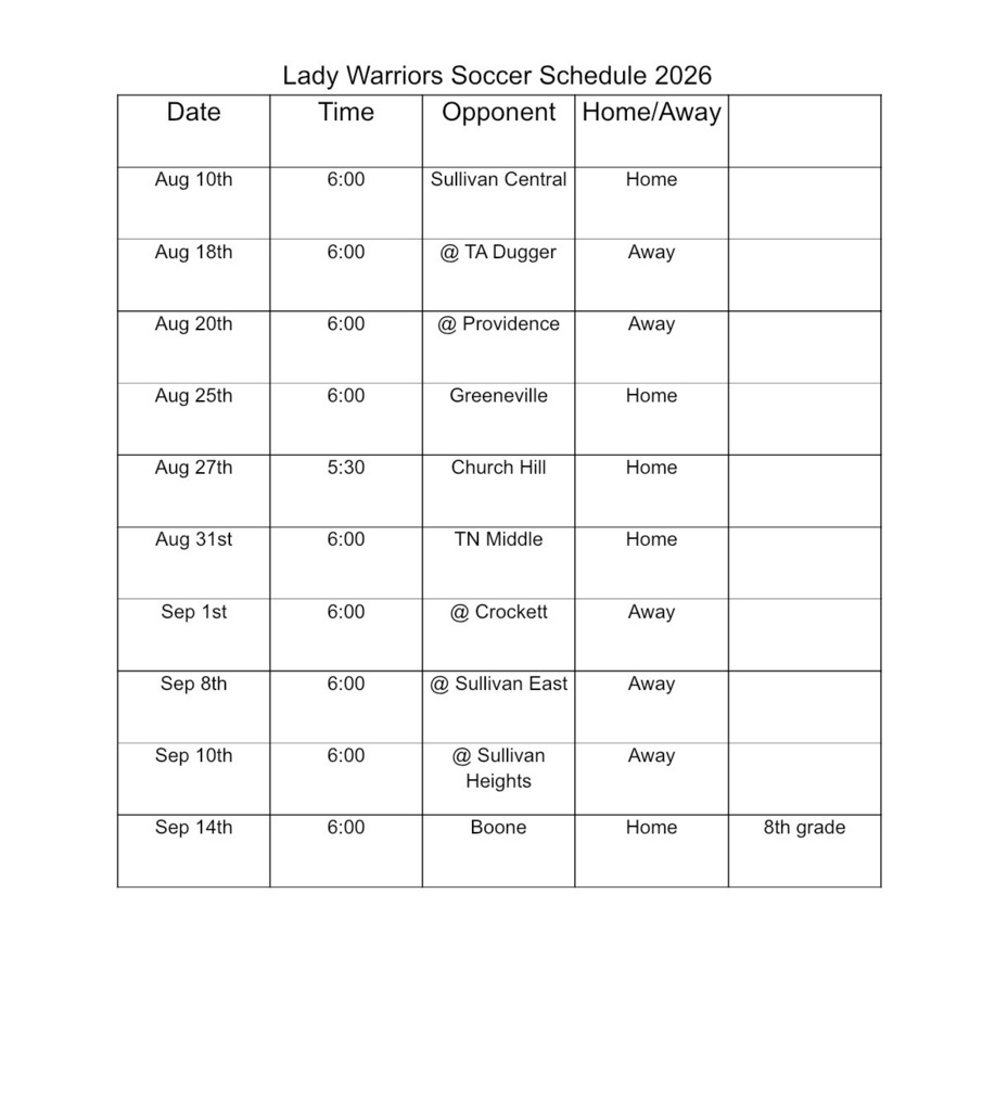 Table with a list of soccer matches. Date, time, opponent, and home/away are in the columns.