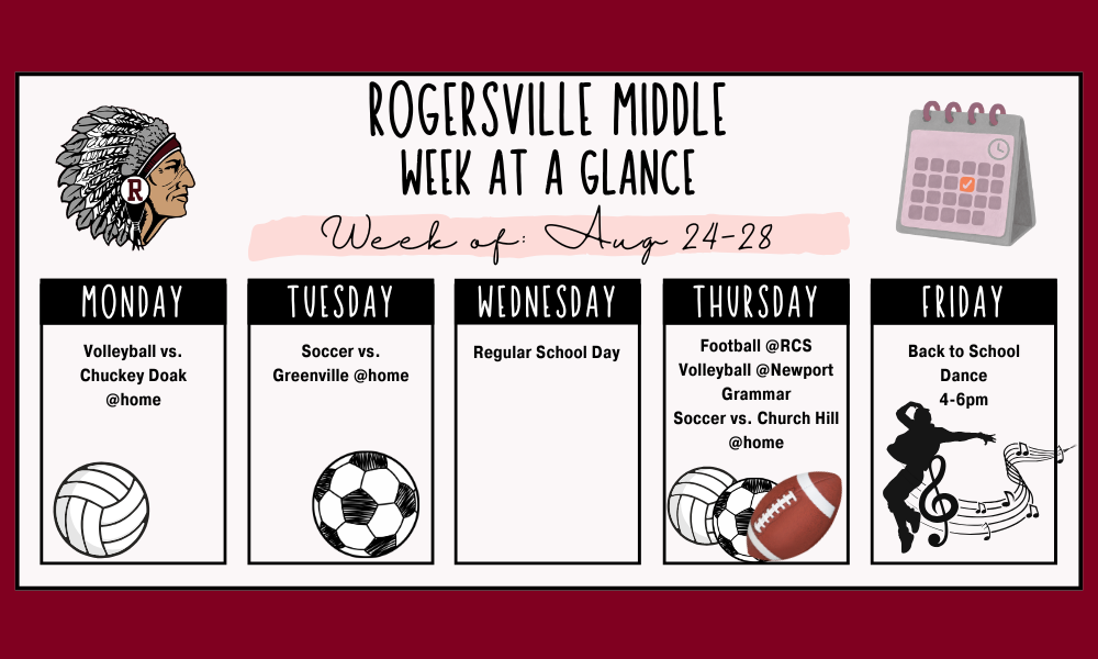 Weekly schedule for Rogersville Middle School. Events include volleyball, soccer, and football games. Calendar dates August 24-28.