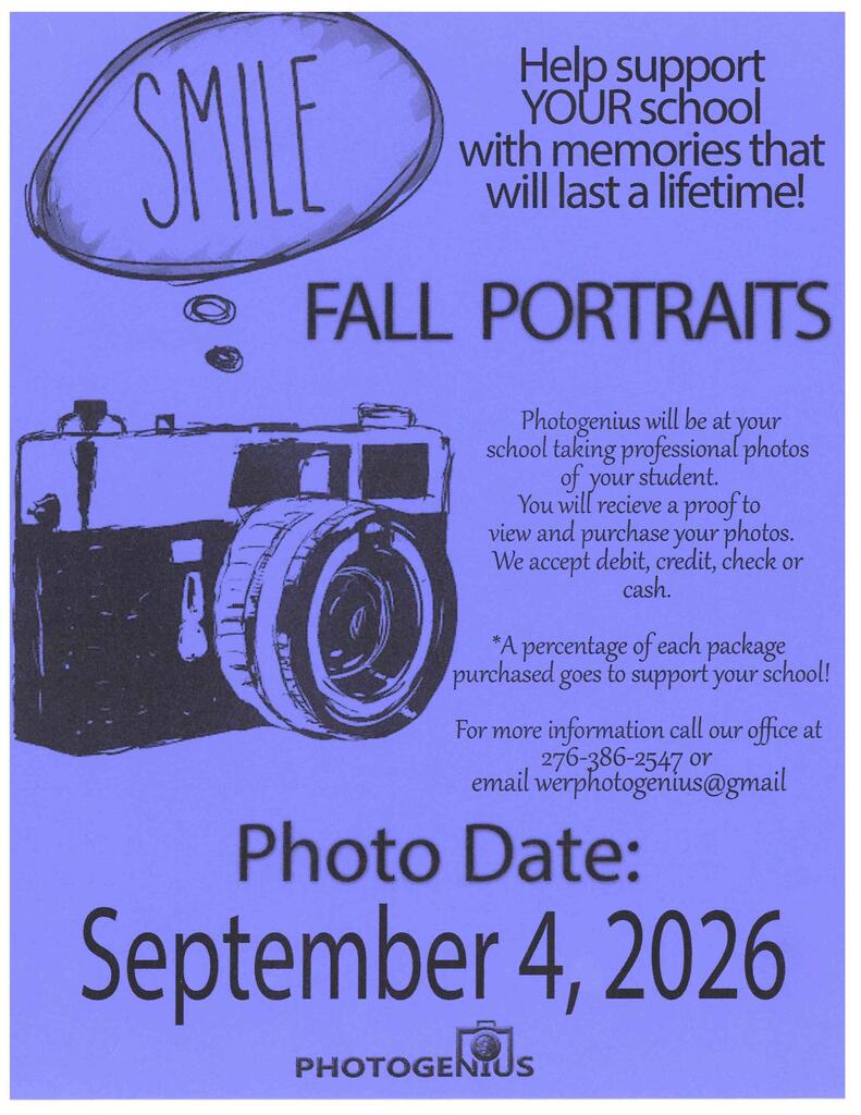 A poster announces fall portraits, featuring a drawn camera and text about supporting a school. Details include the date, September 4, 2026, and contact information.