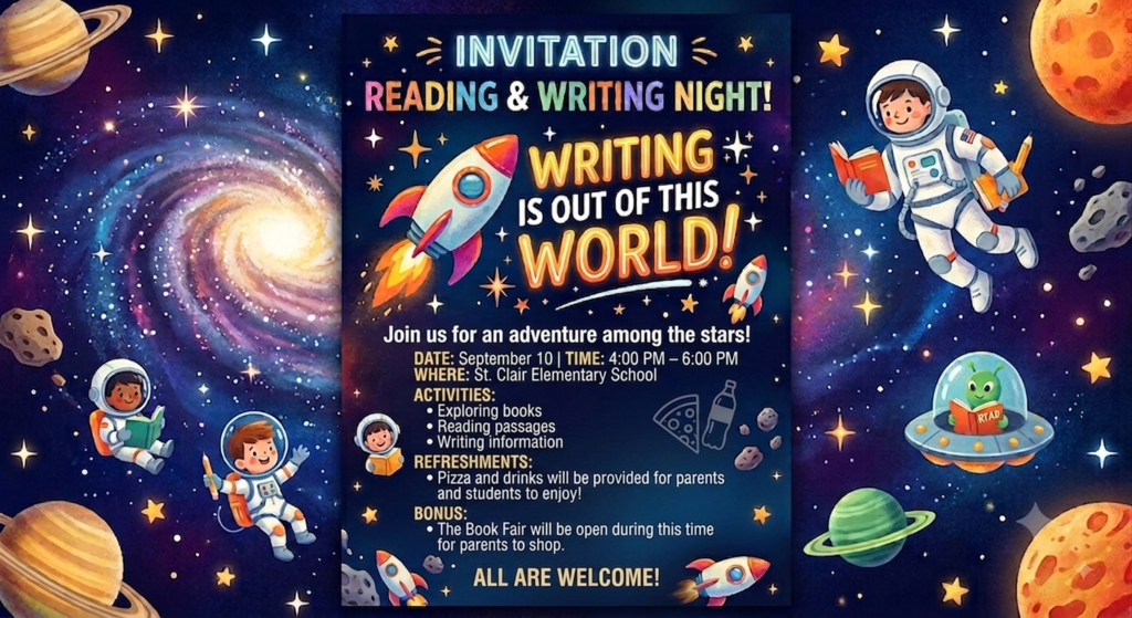 An invitation to a reading and writing night, featuring astronauts, planets, and a rocket against a space background.