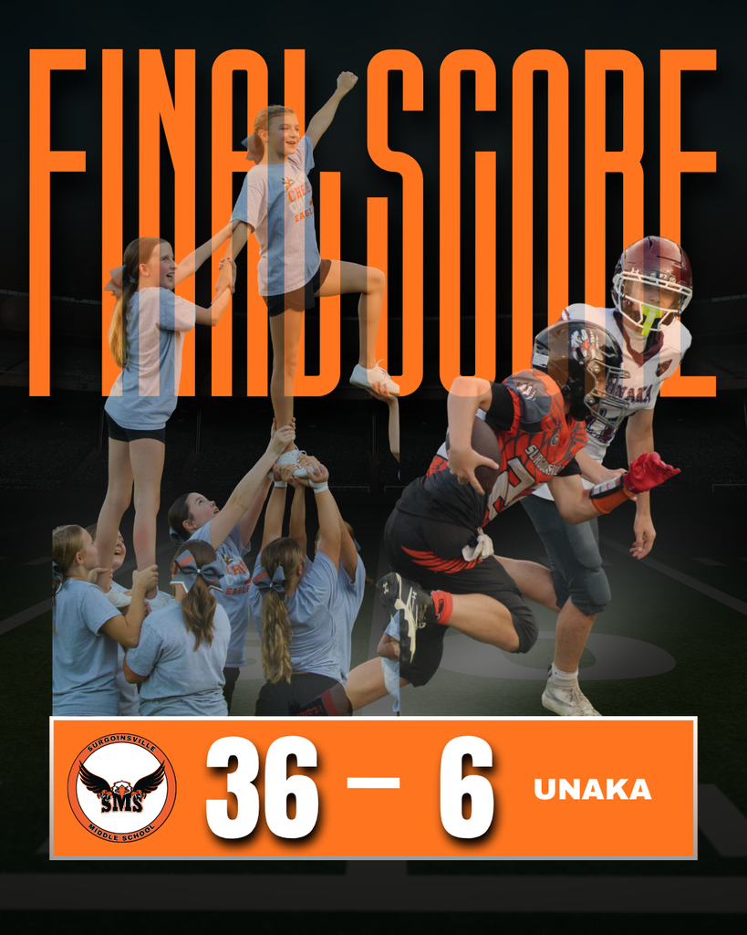 A sports poster shows cheerleaders lifting a teammate while another player is tackled on the field. Score: 36 - 6. 