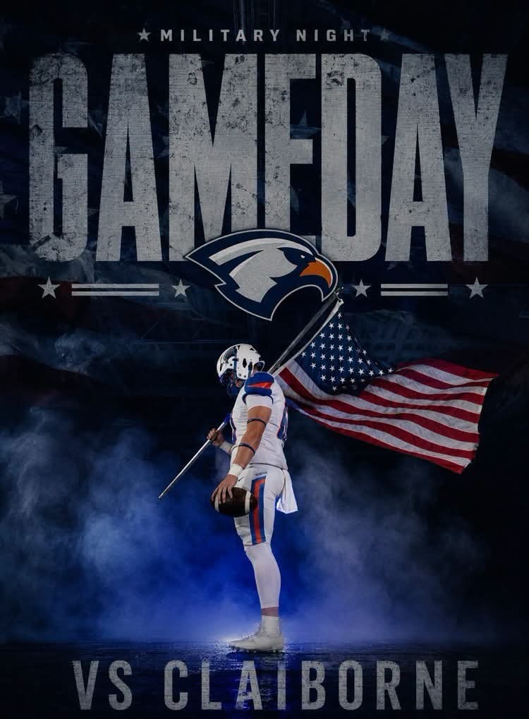 A football player stands with an American flag, wearing a helmet and uniform. The background features an eagle and stars, and the text reads "GAMEDAY VS CLAIBORNE" and "MILITARY NIGHT".