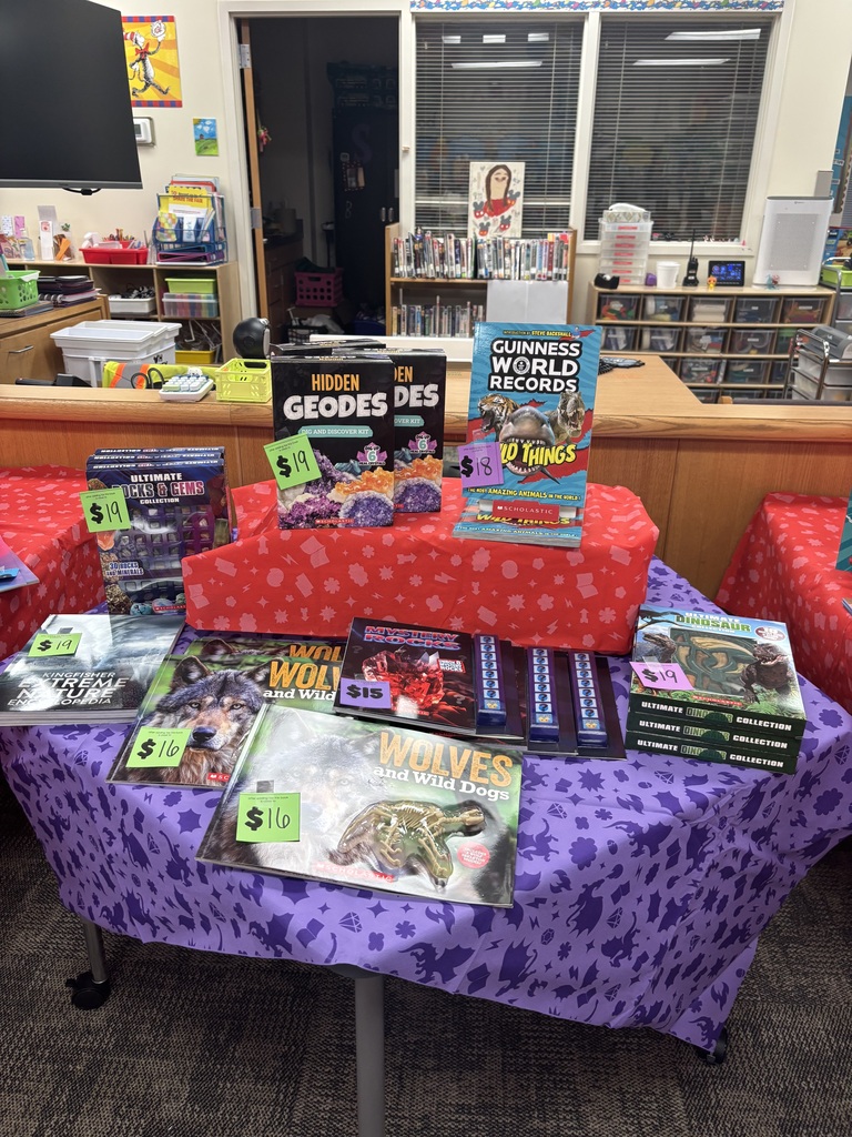 A table with a purple polka-dot tablecloth displays various books and games. A red box with Geodes is at the center. Behind the table, there are bookshelves and a monitor.
