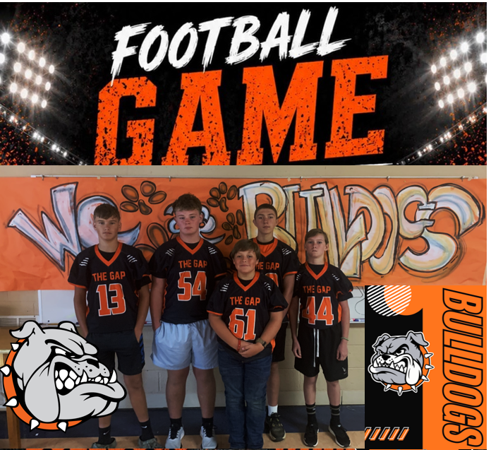 Five boys in sports jerseys stand under a banner with "Football Game" and "Bulldogs" printed. The backdrop has stadium lights and a graffiti-style design.