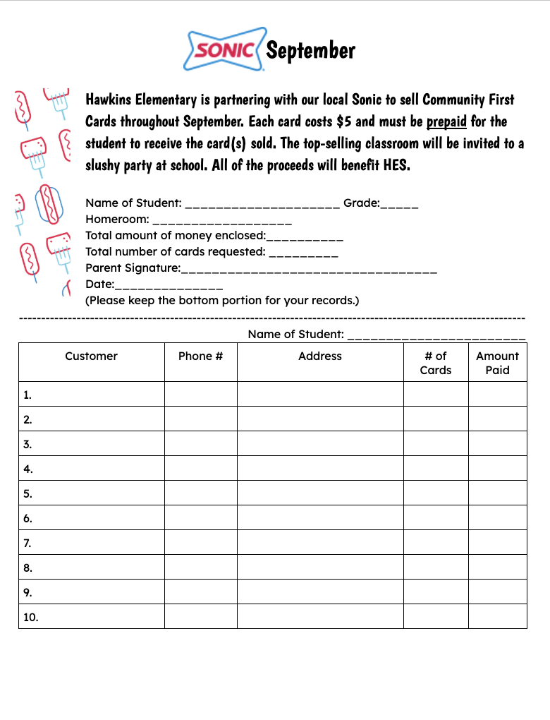 Hawkins Elementary is partnering with our local Sonic to sell Community First Cards throughout September. Each card costs $5 and must be prepaid for the student to receive the card(s) sold. The top-selling classroom will be invited to a slushy party at school. All of the proceeds will benefit HES.