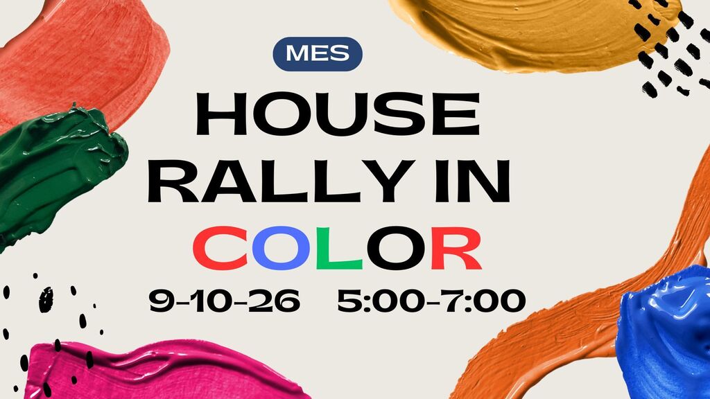 An advertisement with text "HOUSE RALLY IN COLOR" and dates "9-10-26 5:00-7:00" surrounded by colorful paint splashes.