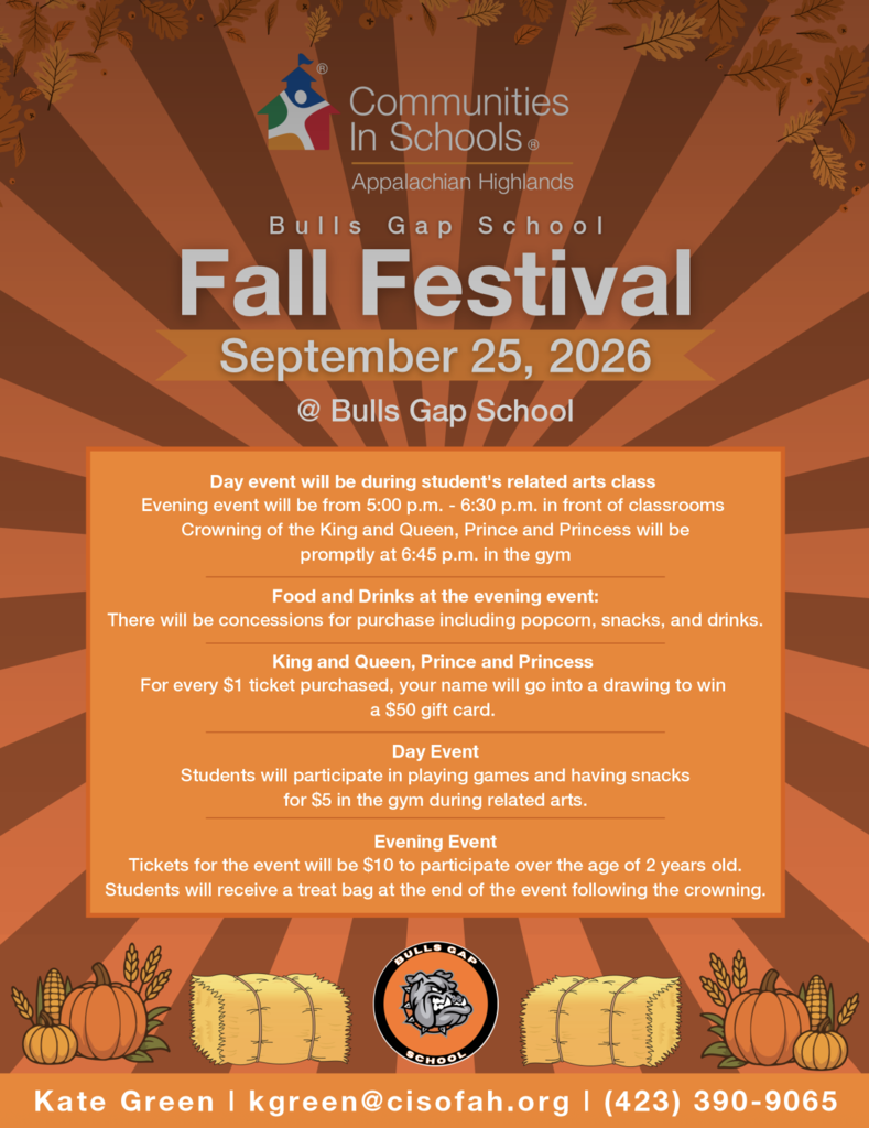 An event poster with pumpkins, hay bales, and a mascot logo. Text reads "Fall Festival" and "September 25, 2026" with details about the day and evening events.