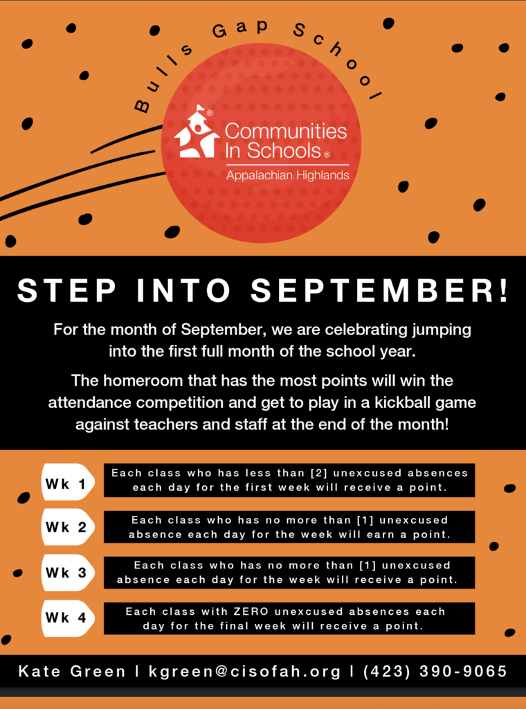 Black and orange background with text. It includes an announcement for a month-long competition for attendance.