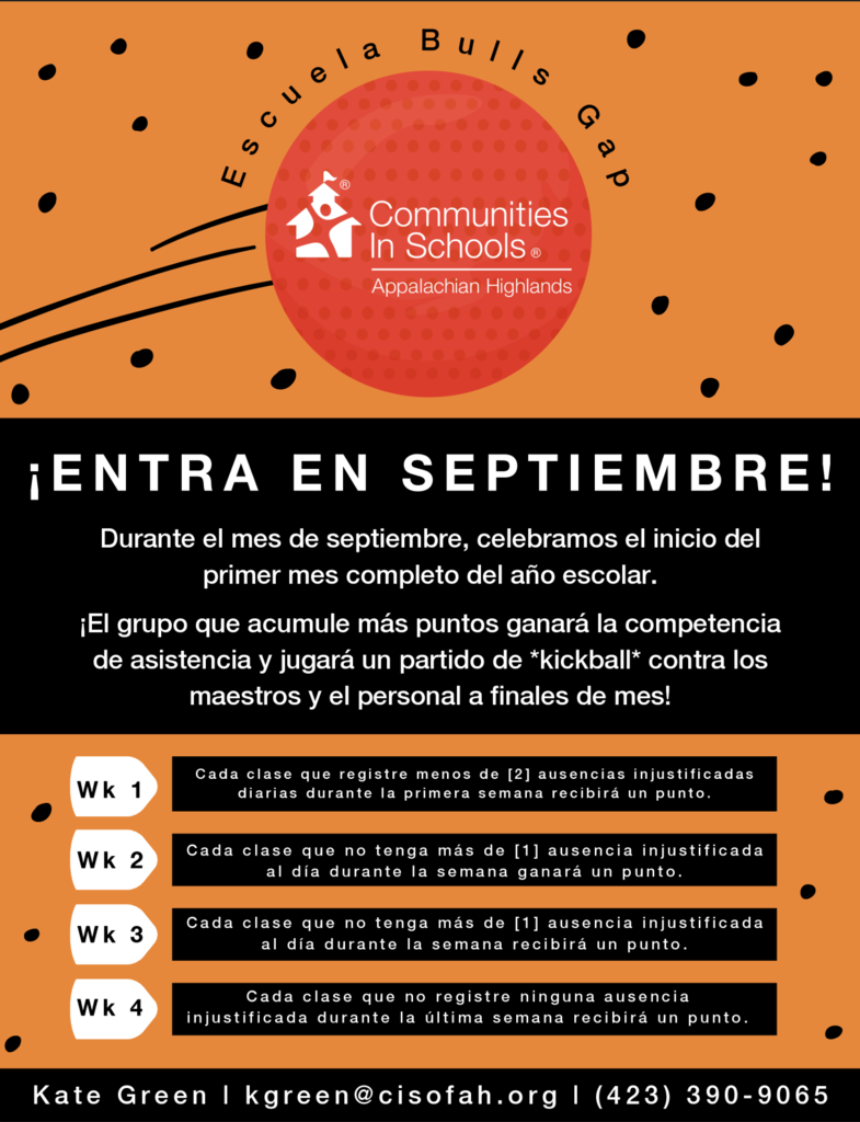 A poster for Escuela Bulls Gap features a red circle, black dots, and text in Spanish. It highlights an event in September.
