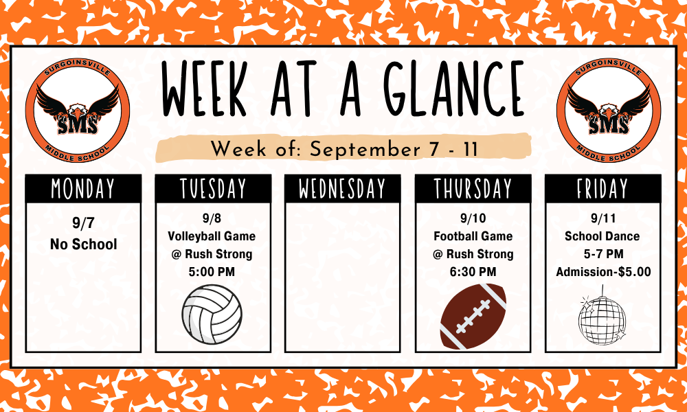 A schedule with five columns for Monday through Friday, including dates, activities, and times. The background is orange.
