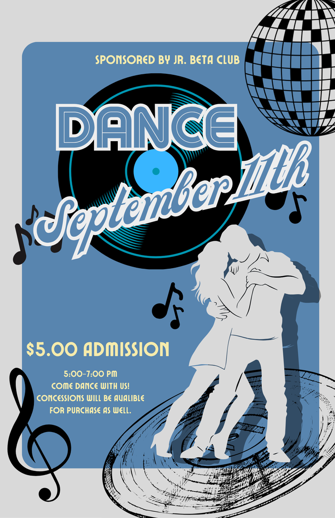 Event poster with a couple dancing in silhouette, vinyl record, disco ball, music notes, and event details.
