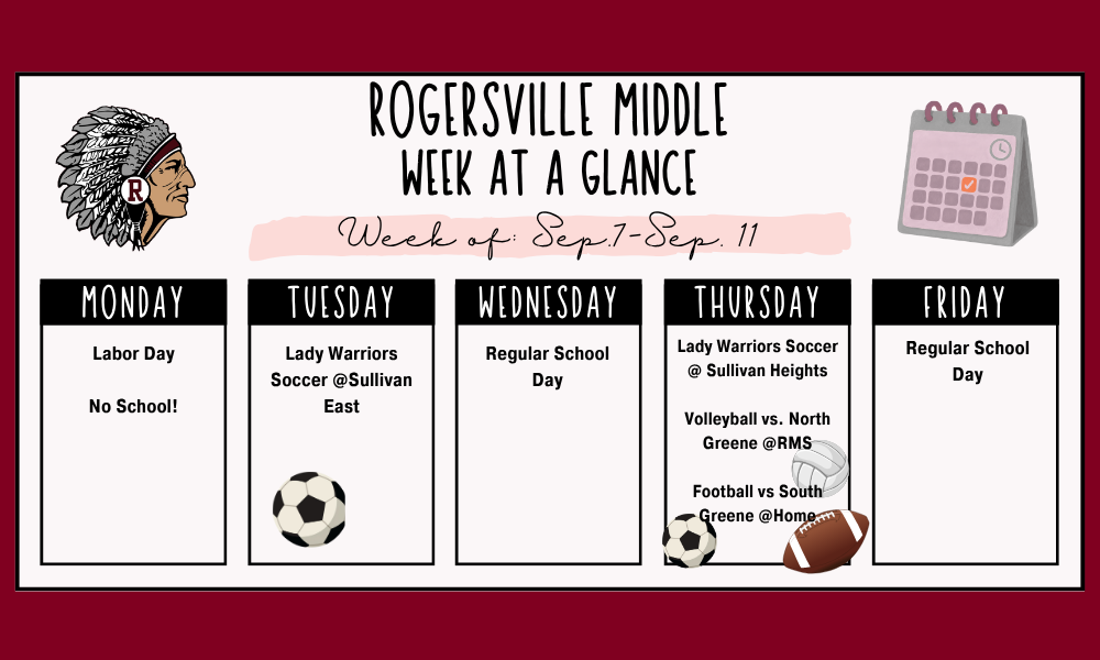 Weekly schedule with a Native American headdress, a soccer ball, a football, a basketball, and a calendar.