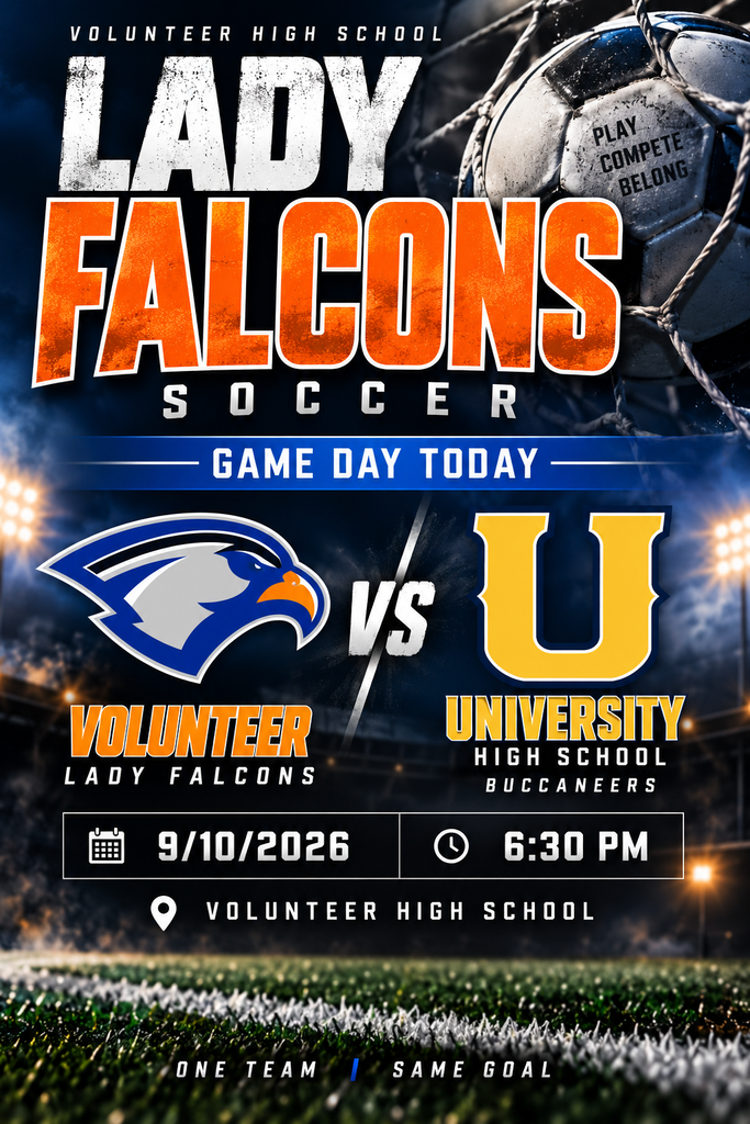 A poster with a soccer ball and net. It says "Lady Falcons Soccer Game Day Today" and shows teams.