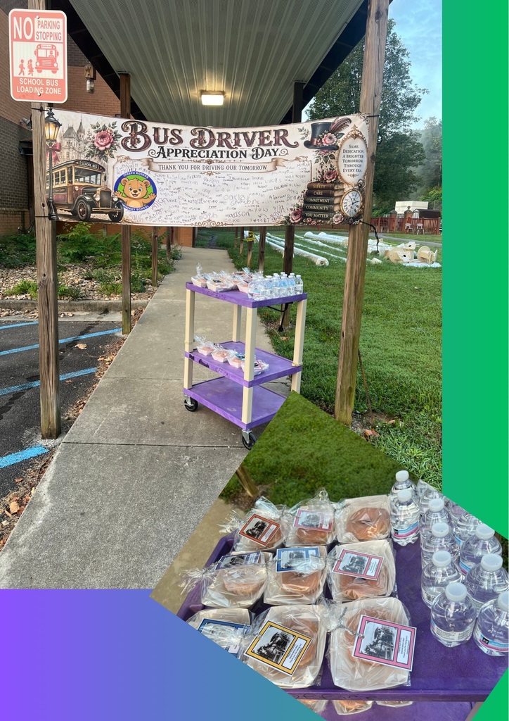 Sidewalk with a banner reading "BUS DRIVER APPRECIATION DAY". A purple rolling cart holds bottles. A table displays sandwiches, bottles, and a colorful background.