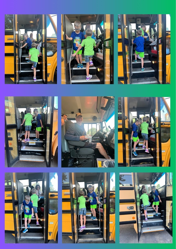 Multiple images of children in green shirts boarding a school bus. Background is yellow and green.