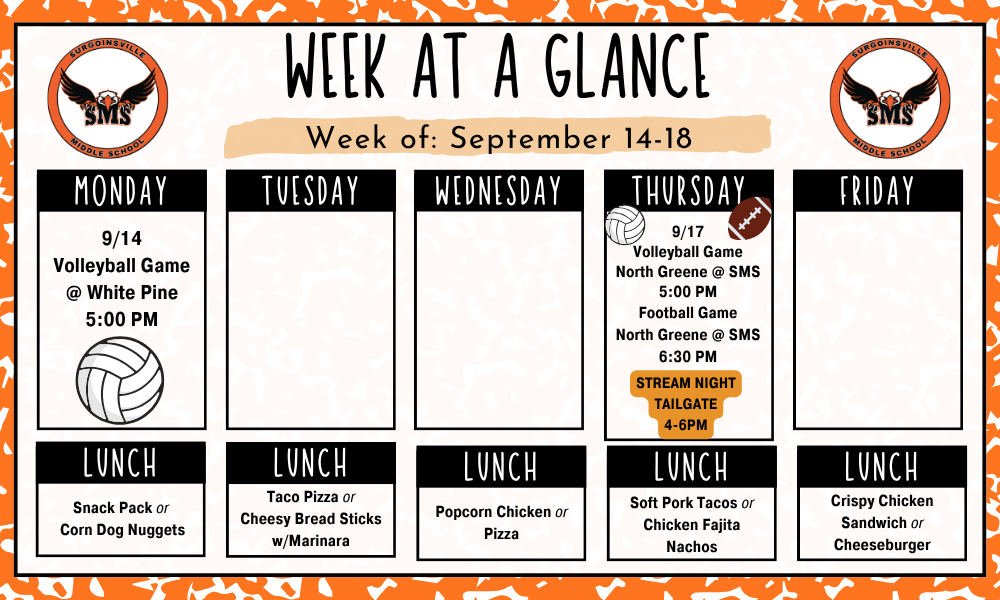 A schedule titled "Week at a glance" with dates from September 14 to 18. Includes sports events, times, and food.