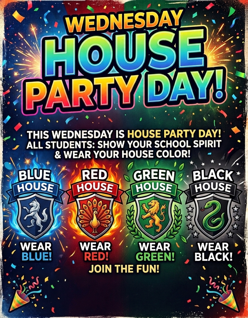 Poster with bold text announcing House Party Day. Four house emblems in blue, red, green, and black. Each has a color instruction to wear. Background has fireworks and confetti.