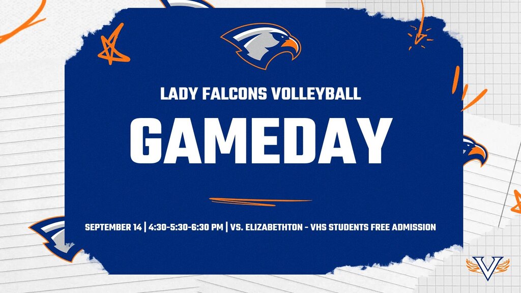 Blue banner displays "Lady Falcons Volleyball Gameday" text. Date and opponent details below. White background with blue and orange accents.