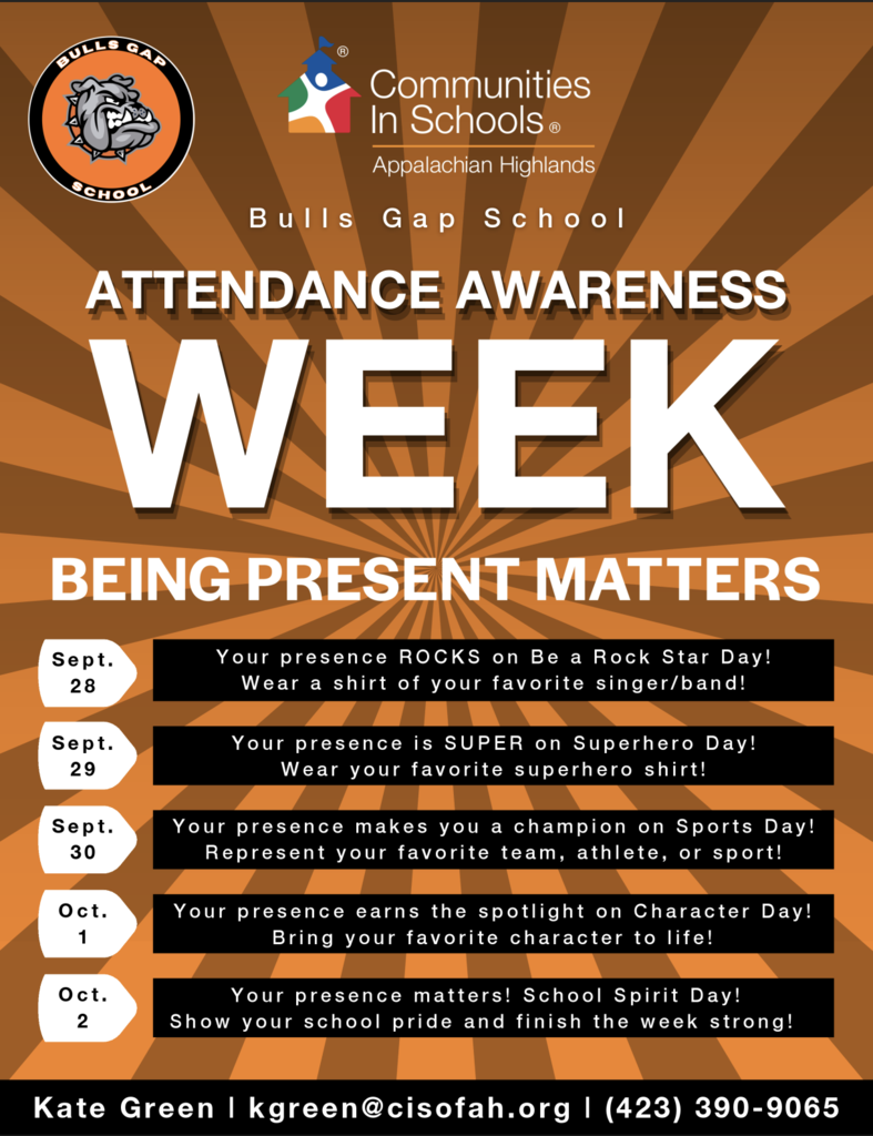 Orange-brown backdrop. "Communities In Schools Appalachian Highlands" at top. "Bulls Gap School Attendance Awareness Week" headline. Theme: "Being Present Matters". Dates and themes listed.