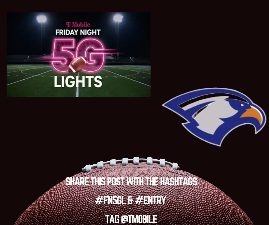 A football in front of a black background, a logo, and a field with text about 5G lights.