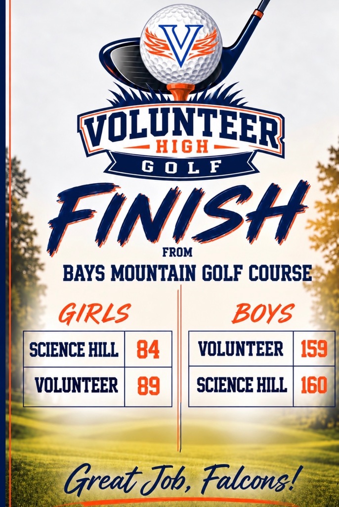 Event poster for "Volunteer High Golf Finish" featuring scores from Boys and Girls categories, with trees in the background.