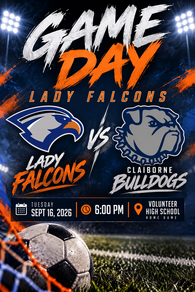 A poster advertises a soccer match with bold text. Logos for Lady Falcons and Claiborne Bulldogs are featured. A soccer ball is on the field.