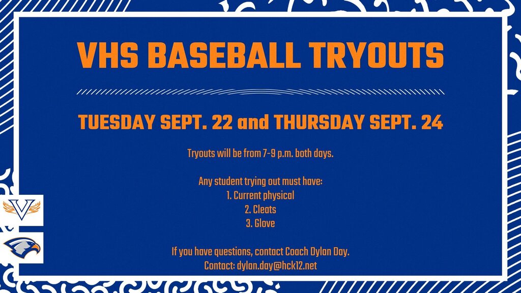 A blue and white flyer with text stating "VHS BASEBALL TRYOUTS" and dates "TUESDAY SEPT. 22 and THURSDAY SEPT. 24".