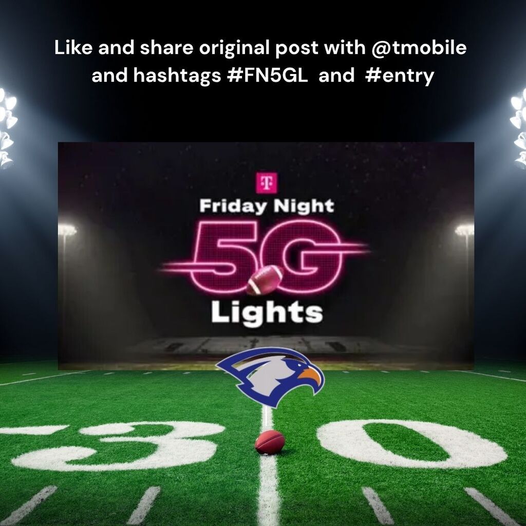 A football field with the words "Friday Night 5G Lights" and a football at the 30-yard line.