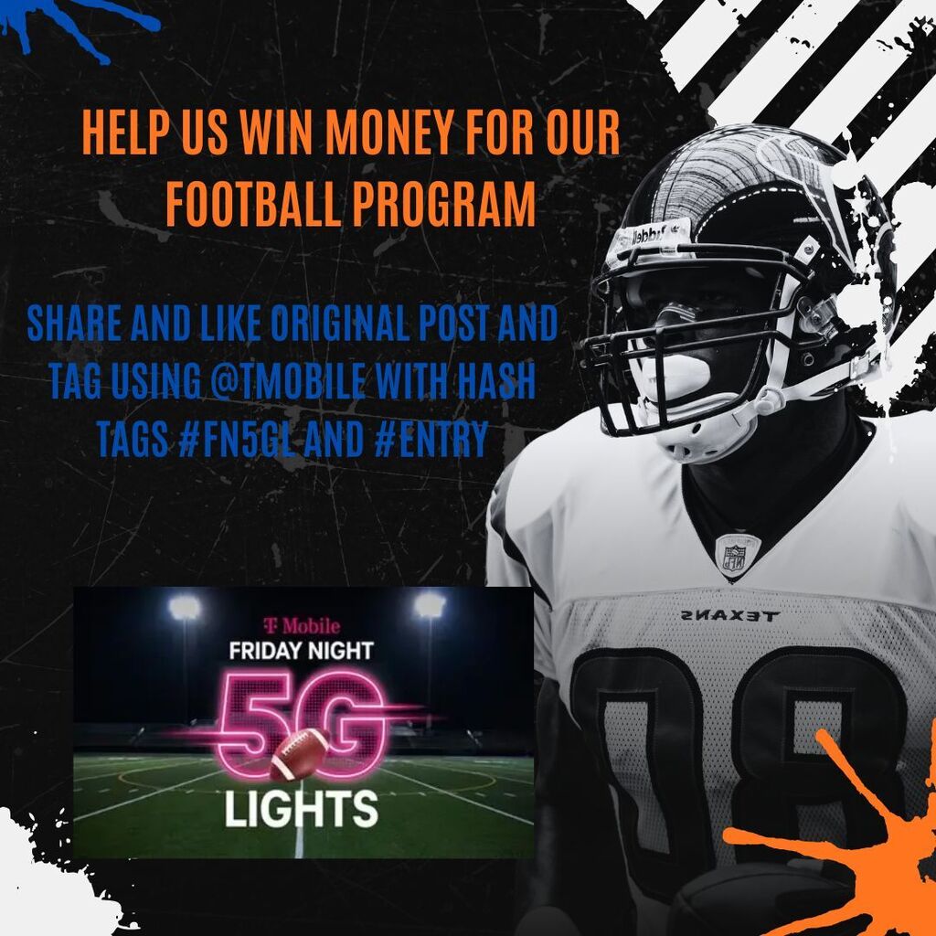 Black and white ad for football program funding. Player wears helmet, jersey, and gloves. Field background with lights.