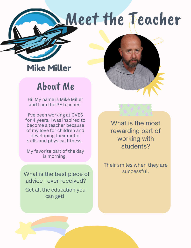 A colorful flyer introduces Mike Miller, a PE teacher, with an airplane logo. His profile displays him. Text highlights his background and favorite teaching moments.