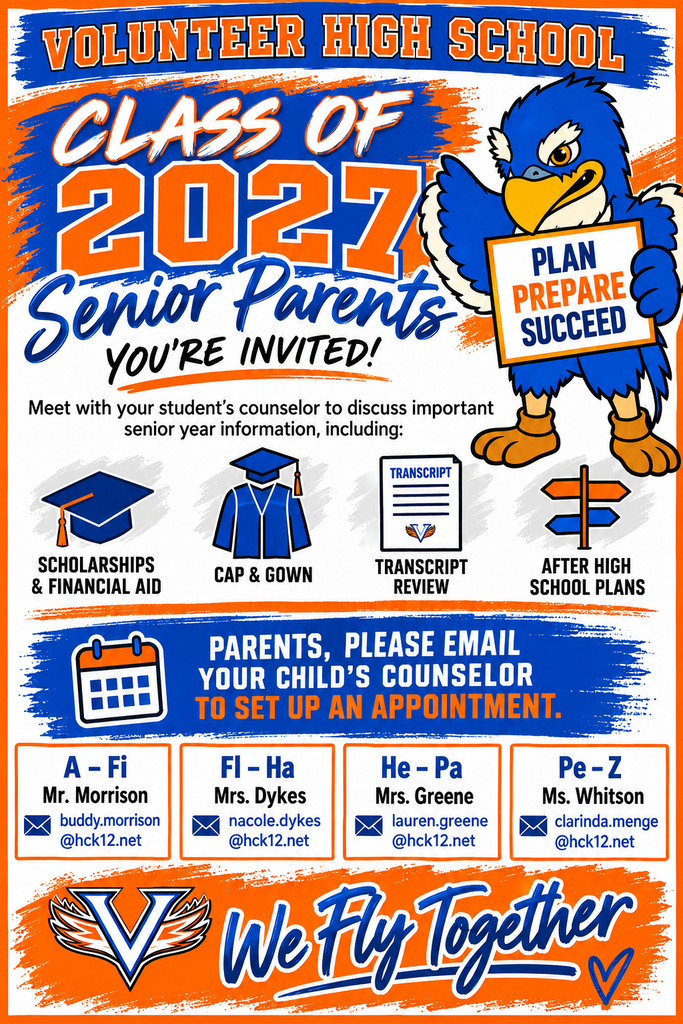 A poster invites parents to meet with counselors to discuss senior year information, including scholarships, cap and gown, and after-high school plans.