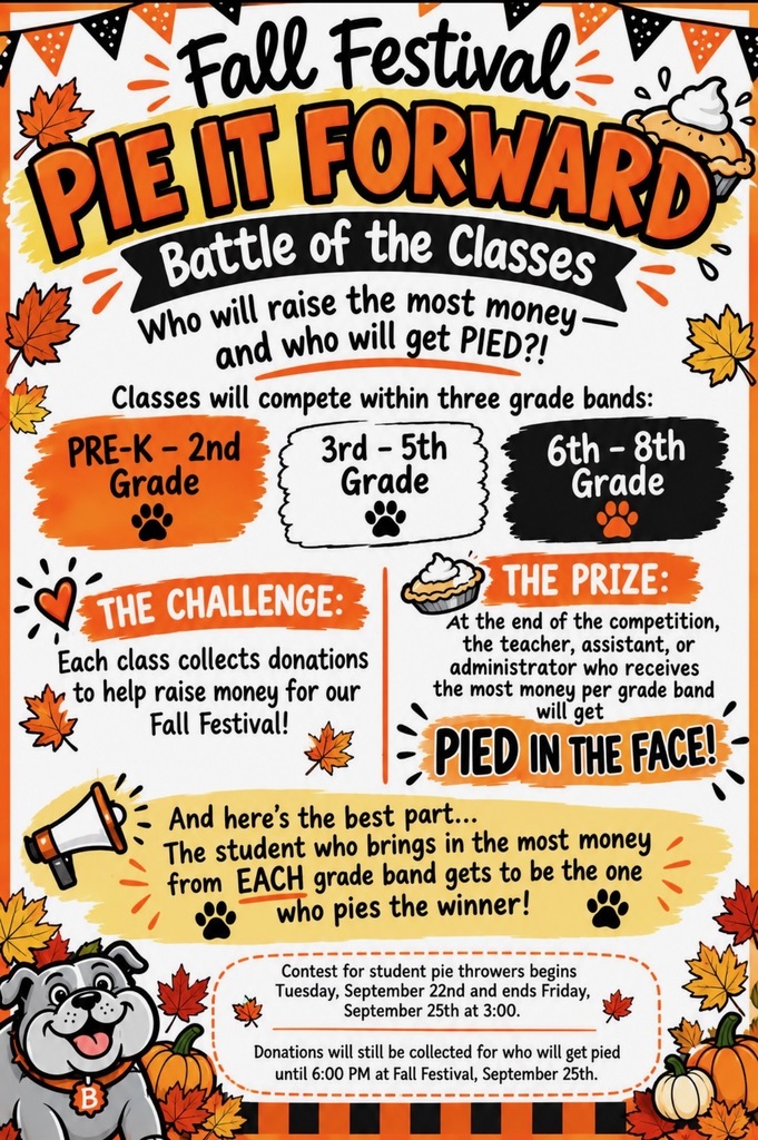 Advertisement for Fall Festival, featuring a pie-throwing challenge. It has three grade bands. The challenge is to raise money for the festival.