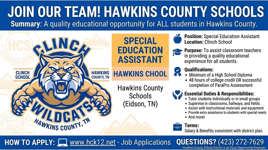 Blue and white advertisement for a Special Education Assistant position at Clinch School in Hawkins County Schools.