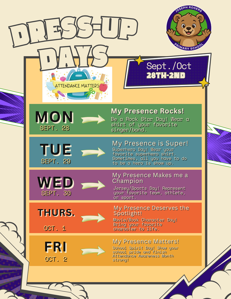 A colorful poster with a bear logo displays "Dress-Up Days" for Sept/Oct 28th-2nd. Each day has a different theme.