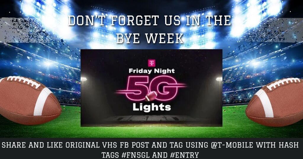 Digital display with a football field background, two footballs, and a text "Don't forget us in the Bye Week Friday Night 5G Lights."