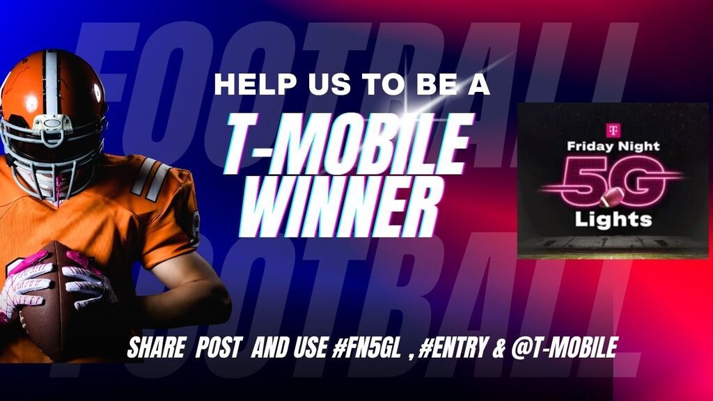 An athlete in orange uniform holds a football. Background features "HELP US TO BE A T-MOBILE WINNER" and "5G Lights".