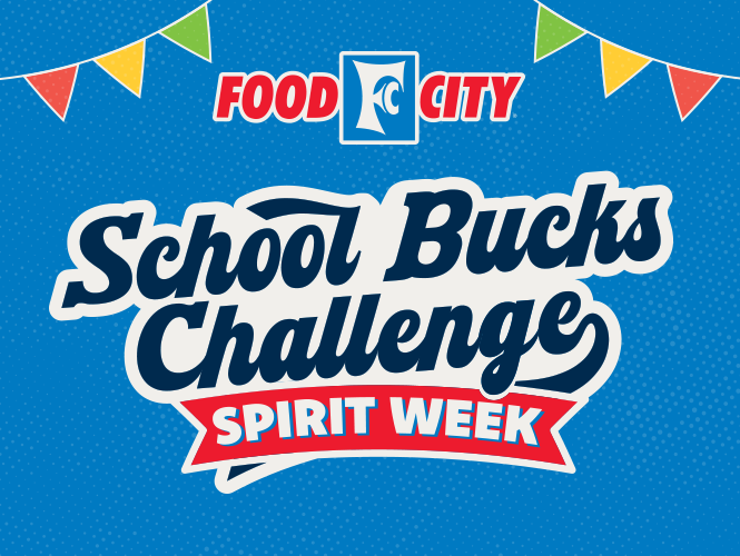 Blue backdrop with a Food City logo at top center. Below it, the logo for the School Bucks Challenge Spirit Week.